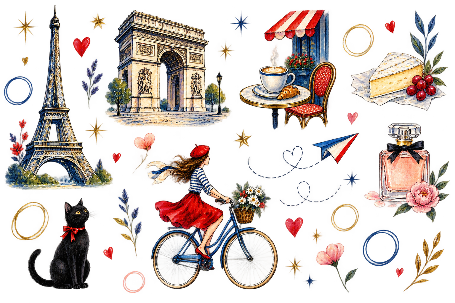 French-inspired editorial collage with Parisian cultural symbols, books and creative motifs