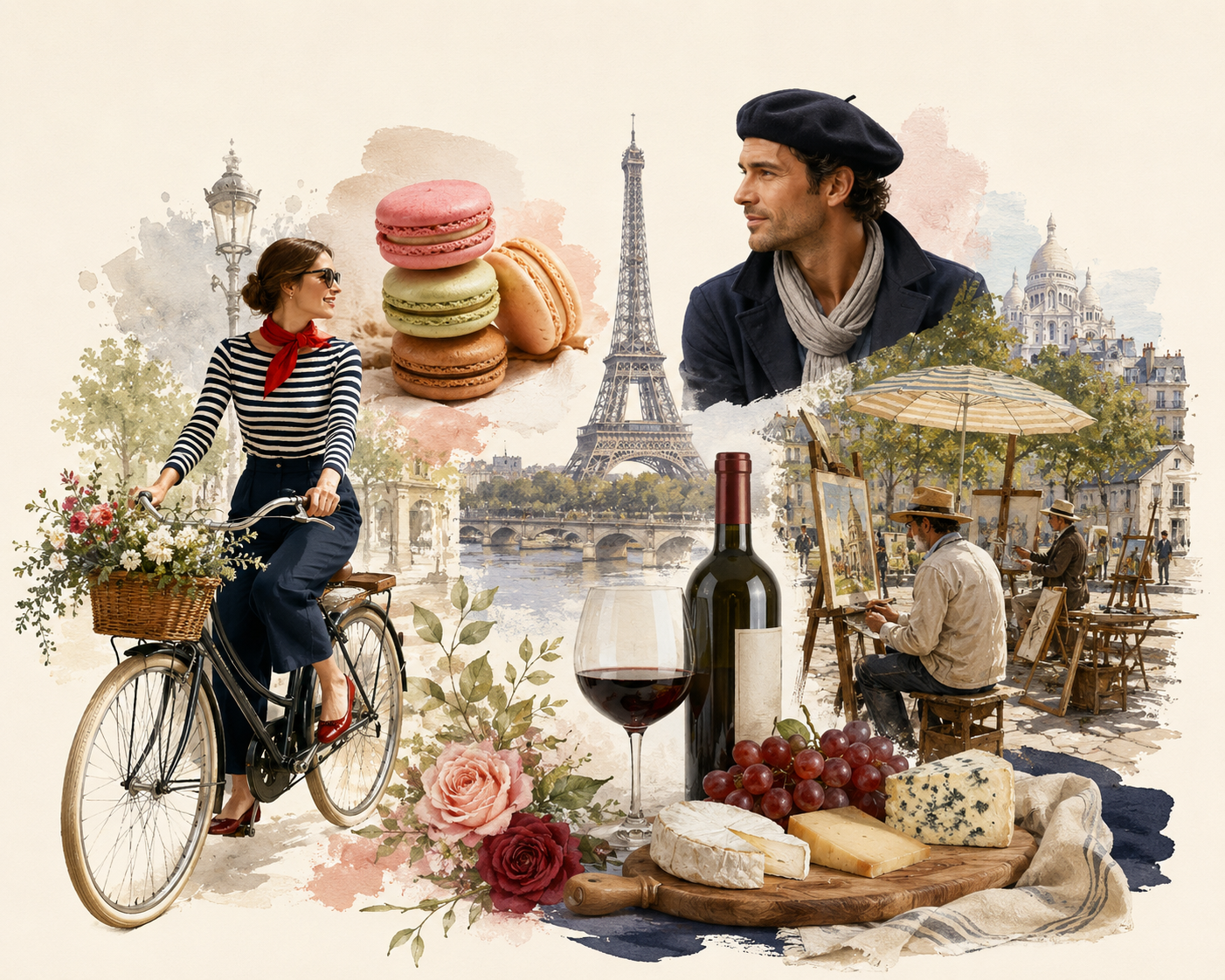 French-inspired collage with macarons, the Eiffel Tower, a woman cycling, a man in a beret, wine, cheese and painters in Montmartre